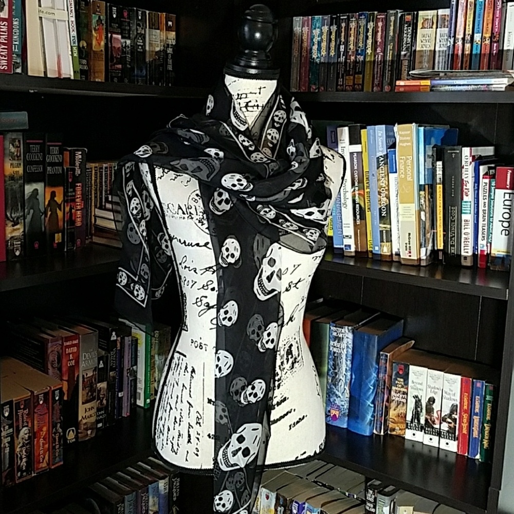 Alexander McQueen black silk chiffon skull scarf
